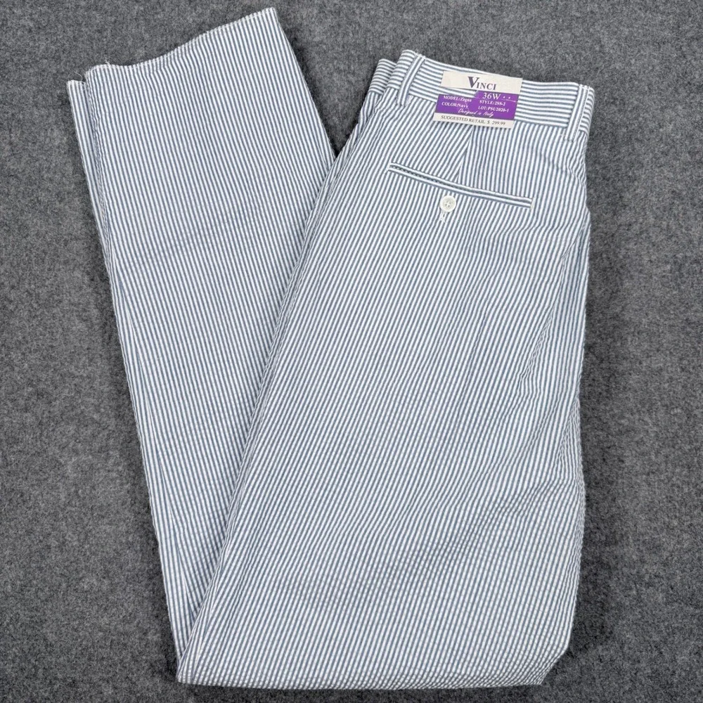 Vinci Zegna Navy White Seersucker Striped Dress Pants Mens 36W Unfinished Hem